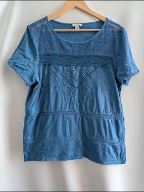 Sundance Blue Embroidered Lace Short Sleeve Cotton Tee - XL